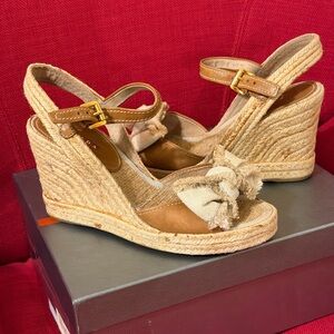 Prada Tan Wedge Sandals with Bow